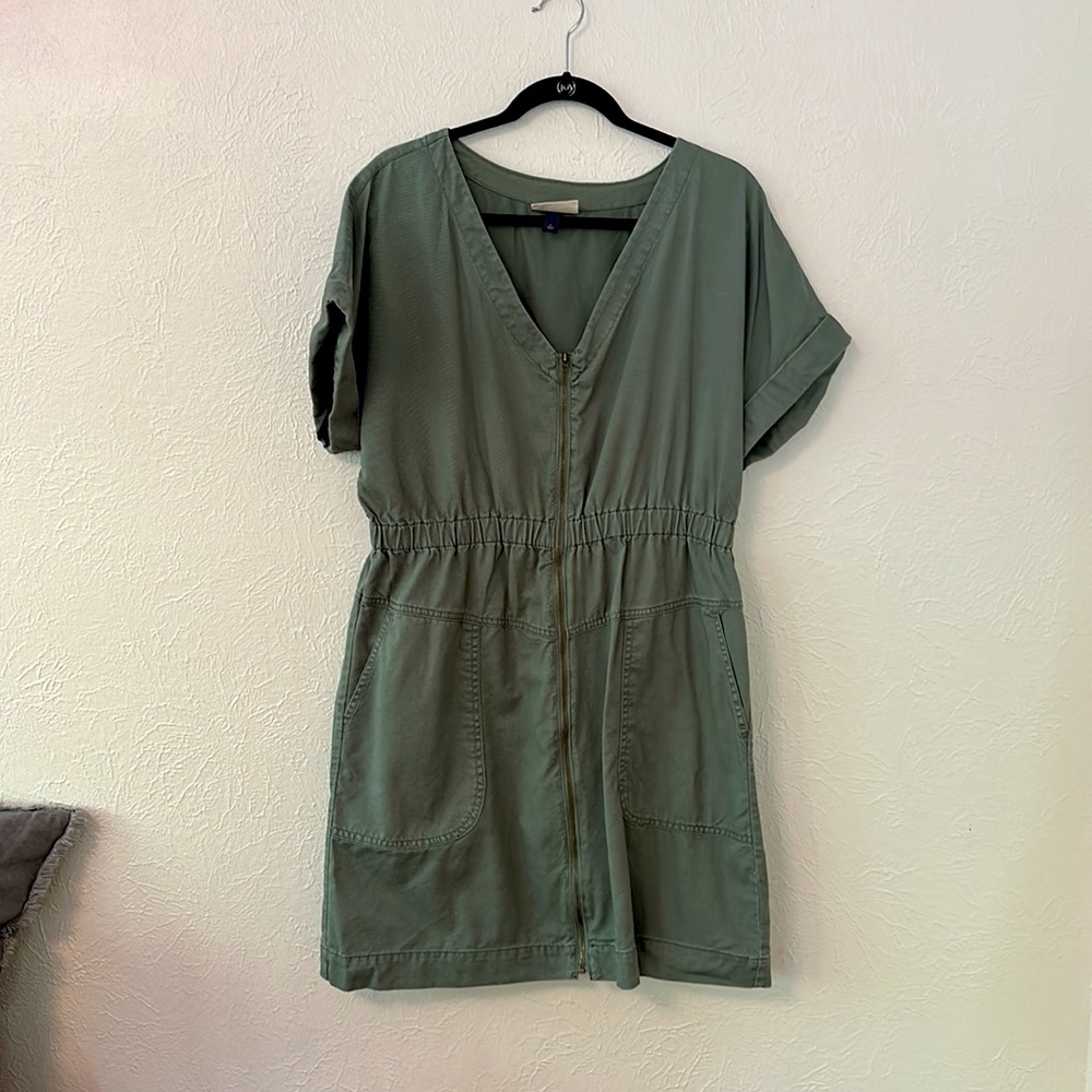 Universal Thread Dress Womens Green V Neck Zip Front Short Sleeve Mini